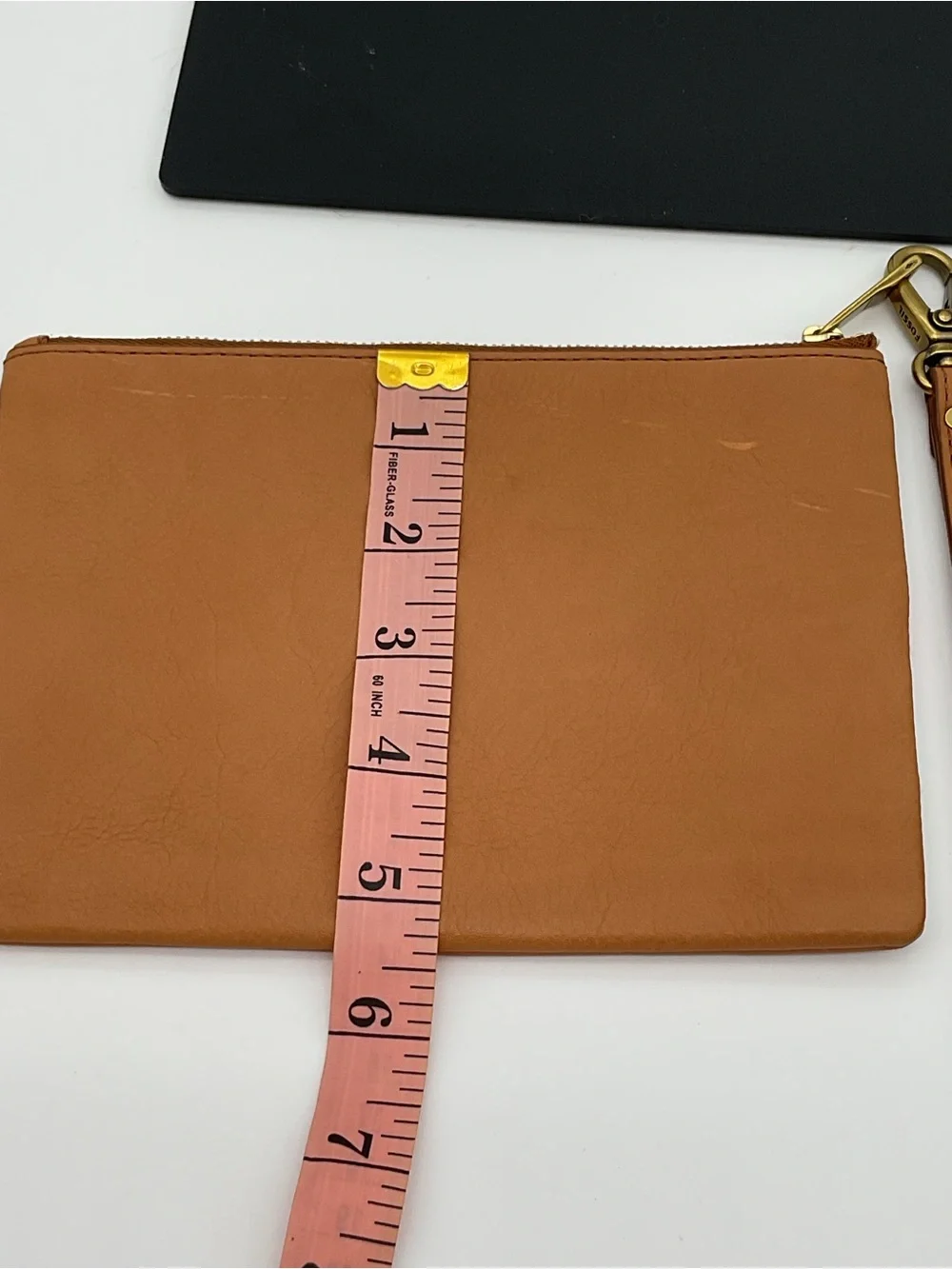 Fossil Tan Leather Wristlet Clutch with Multicolor Leaf Appliqués